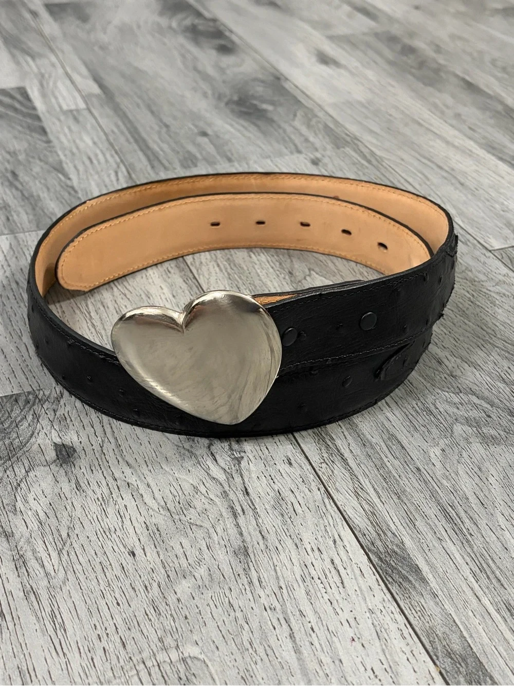 Tony Lama Black Ostrich Leather Belt with Silver Heart Buckle Sz 34